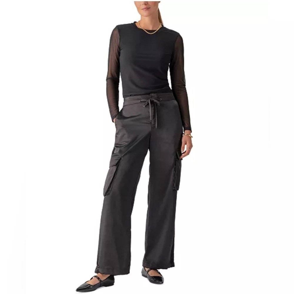 SANCTUARY Eve Satin Drawstring Cargo Parachute Wide Leg Black Pants Size 27 NWT